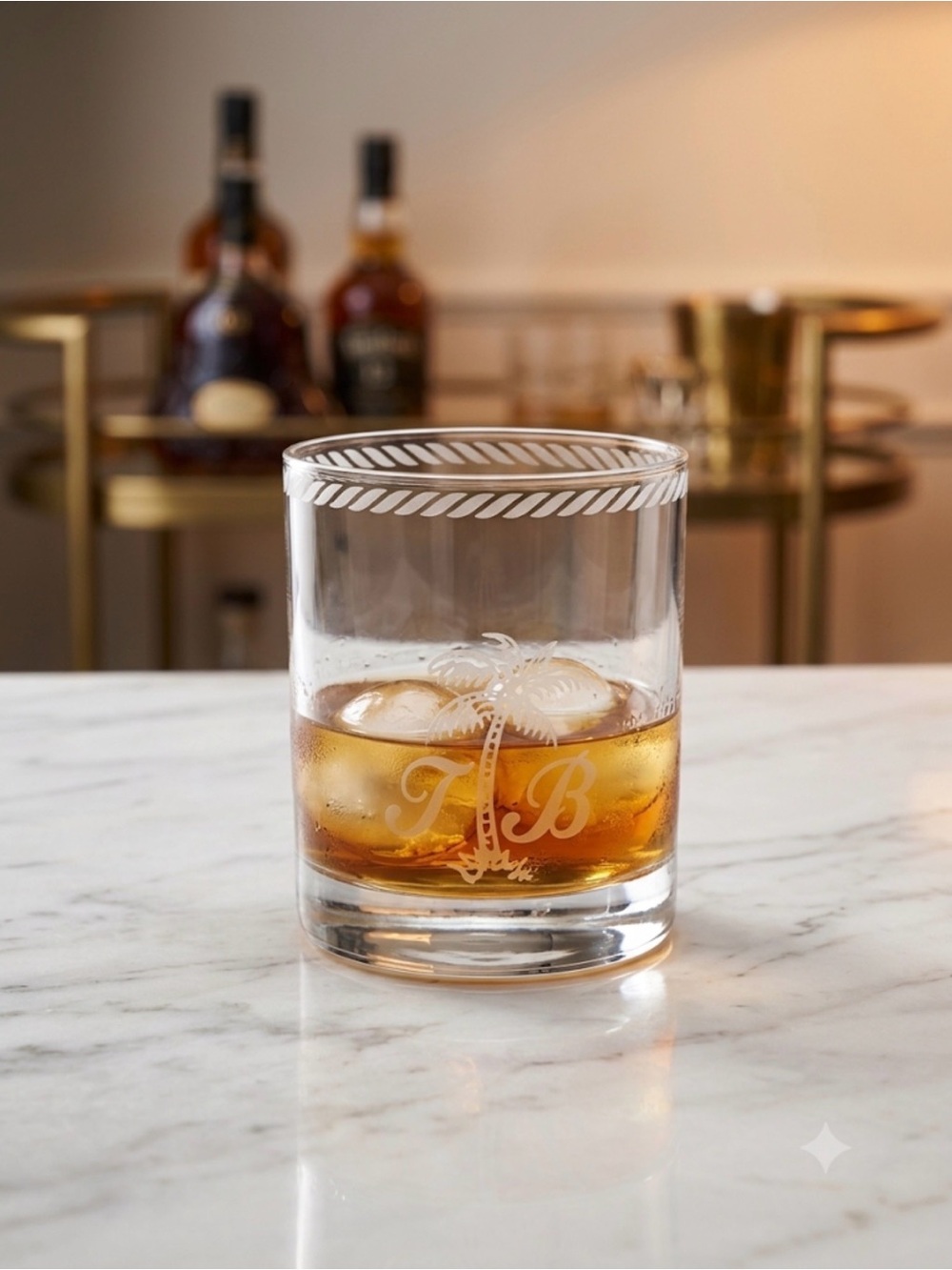 Tommy Bahama Etched Palm Tree & TB Logo Double Old Fashioned Whiskey Glass